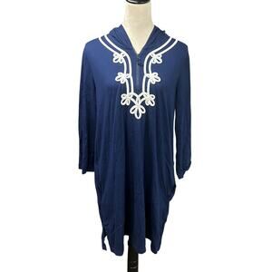 Coastal chic hoodie tunic dress Lands’ End‎ navy cotton embroidered size M